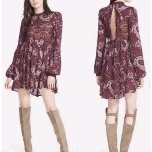 Free People Tunic/Mini Dress Boho Hippie Lace Whimsigoth Paisley XS  Burgundy